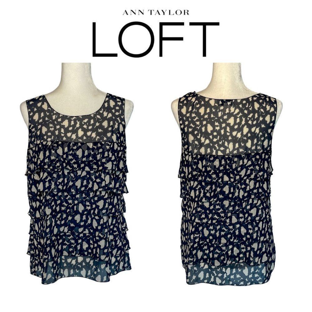 LOFT Dark Navy & White Ruffle Sleeveless Blouse
